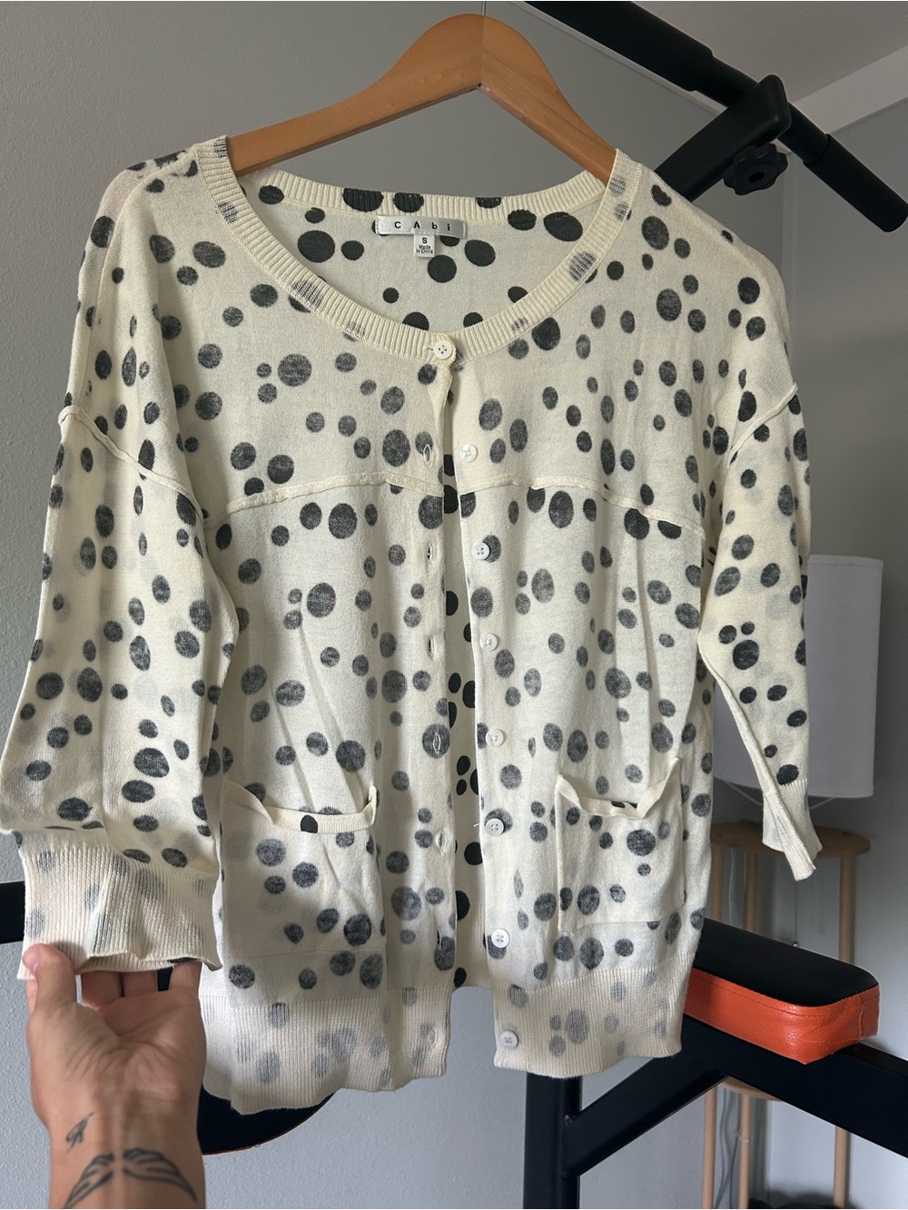 CAbi Cream and Gray Polka Dot Top